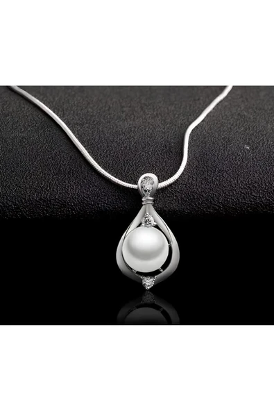 925 Ayar Zincirli Damla Tasarım İnci Taşlı Gümüş Kaplama Kadın Kolye Hediyelik - Resim 3