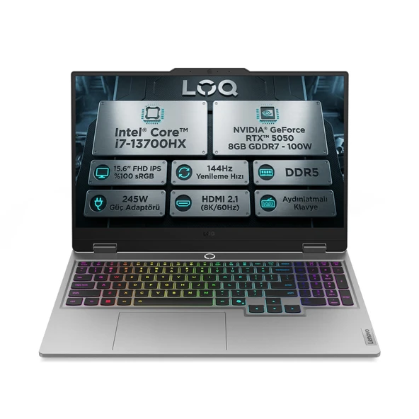 Lenovo LOQ Intel Core i7-13700HX 20GB 1TB SSD 8 GB RTX5050 144Hz 15.6" FHD Freedos Gaming Laptop 83JE00WGTR 006 ürün görseli 1