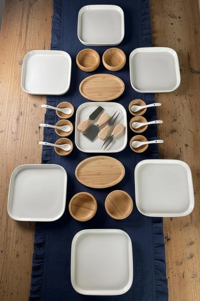 Atbyhome Lumo 6 Kişilik 29 Parça Doğal Bambu - Seramik Kahvaltı Takımı – Kahvaltı Seti Sunum Seti ürün görseli 1