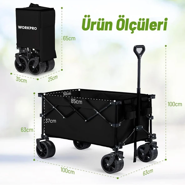 WORKPRO WP285016 100Kg 4 Tekerli Katlanabilir Ağır Hizmet Taşıma Arabası / Plaj Arabası - Resim 2
