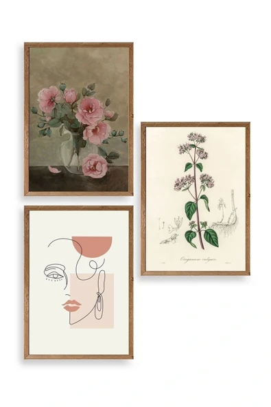 Çiçek Üçlü Ahşap Çerçeveli Tablo 40 x 60 ürün görseli 1