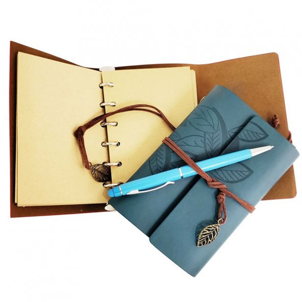 özel Ahşap Kutulu Mavi Deri Defter Ve Kalem Set - 2
