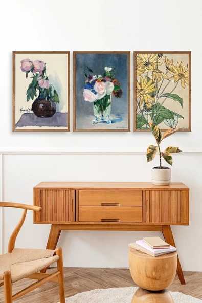 Vazodaki Çiçekler Üçlü Ahşap Çerçeveli Tablo 40 x 60 - Resim 3