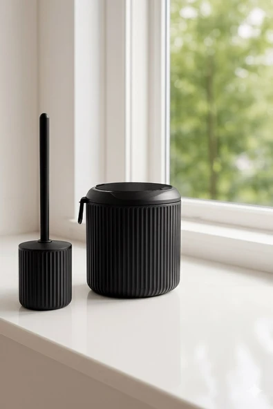 Lines Serisi Siyah Banyo Seti, 2 Parça Oval Akrilik 4 Litre Çöp Kovası, 3000 ürün görseli 1