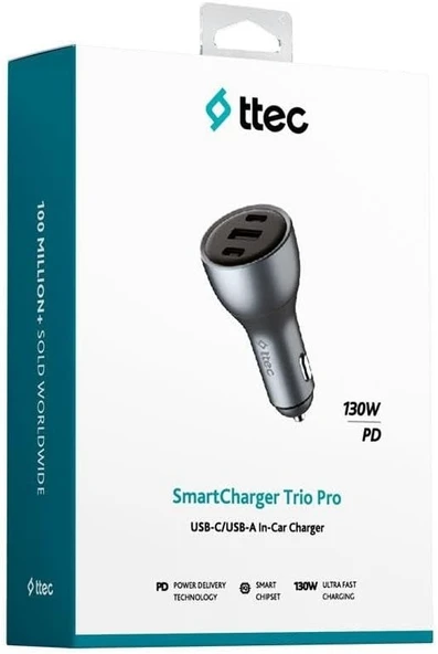 Ttec SmartCharger Trio PD 130W Araç Hızlı Şarj Aleti 2 USB-C+ 1 USB-A 2CKP05S - Resim 2