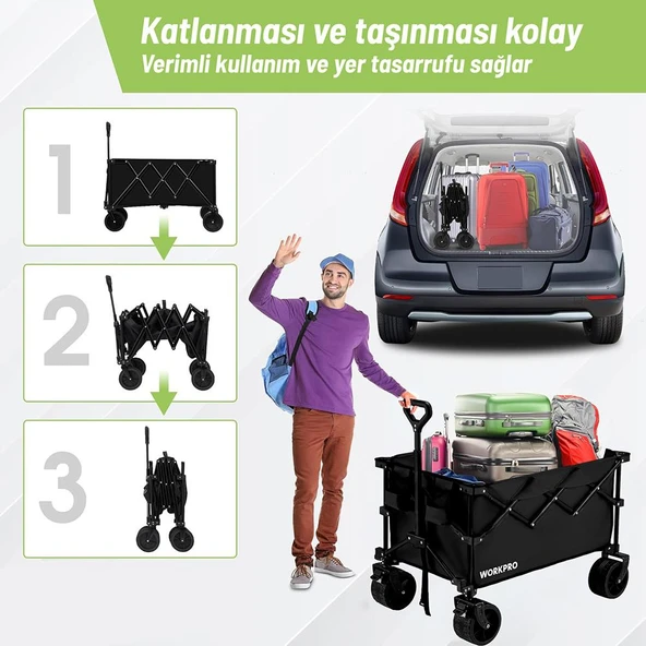 WORKPRO WP285016 100Kg 4 Tekerli Katlanabilir Ağır Hizmet Taşıma Arabası / Plaj Arabası - Resim 6