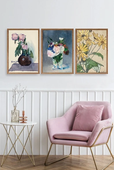 Vazodaki Çiçekler Üçlü Ahşap Çerçeveli Tablo 23 x 30 - Resim 2
