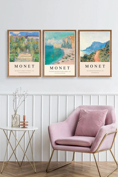 Monet Üçlü Ahşap Çerçeveli Tablo 23 x 30 - Resim 2