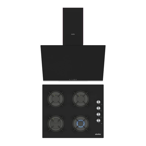 Simfer Siyah 2'li Cam Ankastre Set (3046 Ocak + 8727 Davlumbaz) ürün görseli 1