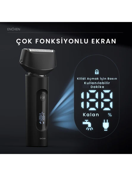 Enchen MS001 Siyah Dijital Ekranlı Ultra Yakın Kesim Folyo Başlıklı Şarjlı Tıraş Makinesi - Resim 4