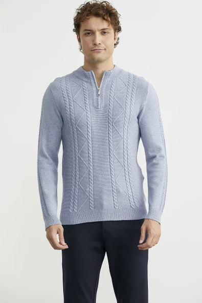 Yarım Fermuarlı Dik Yaka Triko Kazak - Mavi - Resim 2