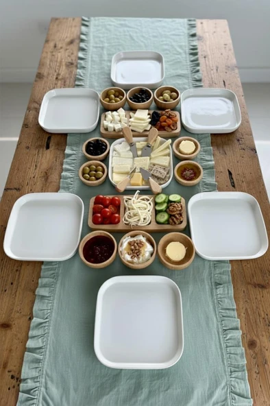 Atbyhome Aven 6 Kişilik 29 Parça Doğal Bambu - Seramik Kahvaltı Takımı – Kahvaltı Seti Sunum Seti - Resim 5