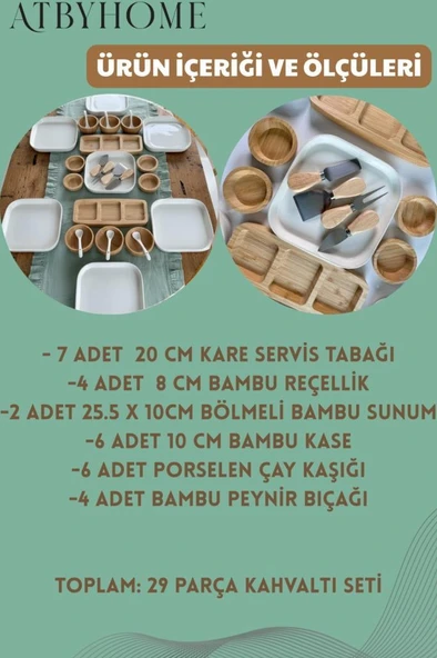 Atbyhome Aven 6 Kişilik 29 Parça Doğal Bambu - Seramik Kahvaltı Takımı – Kahvaltı Seti Sunum Seti - Resim 7