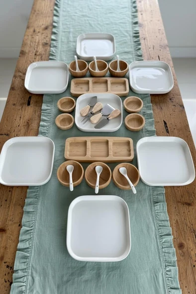 Atbyhome Aven 6 Kişilik 29 Parça Doğal Bambu - Seramik Kahvaltı Takımı – Kahvaltı Seti Sunum Seti ürün görseli 1