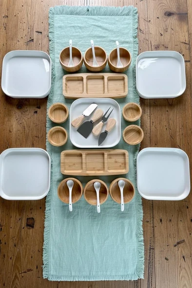 Atbyhome Aven 6 Kişilik 29 Parça Doğal Bambu - Seramik Kahvaltı Takımı – Kahvaltı Seti Sunum Seti - Resim 2