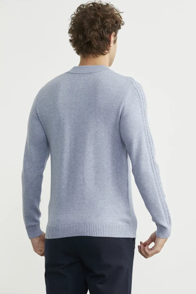 Yarım Fermuarlı Dik Yaka Triko Kazak - Mavi - Resim 5