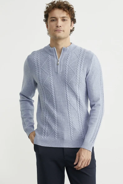 Yarım Fermuarlı Dik Yaka Triko Kazak - Mavi - Resim 4