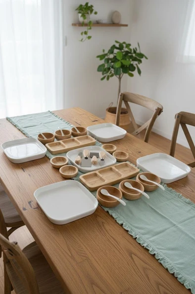 Atbyhome Aven 6 Kişilik 29 Parça Doğal Bambu - Seramik Kahvaltı Takımı – Kahvaltı Seti Sunum Seti - Resim 3