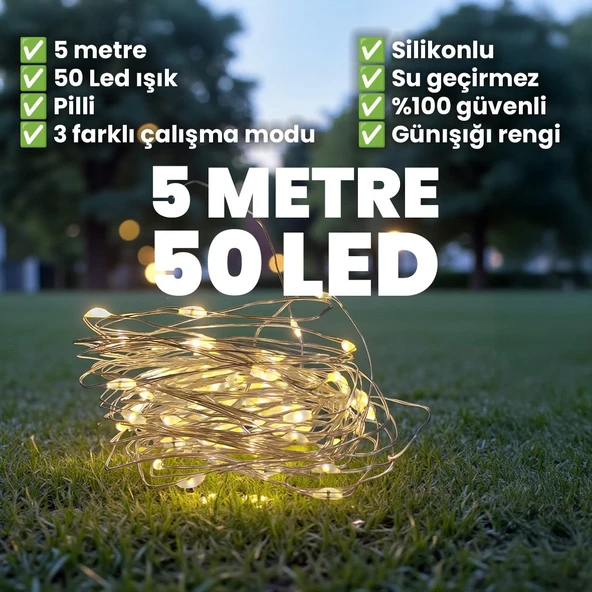 UpWay 5 Metre Su Geçirmez Günışığı 50 Led Işık - Pilli Dekoratif Aydınlatma - Resim 3