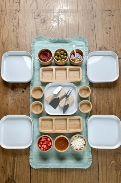 Atbyhome Aven 6 Kişilik 29 Parça Doğal Bambu - Seramik Kahvaltı Takımı – Kahvaltı Seti Sunum Seti - Resim 6