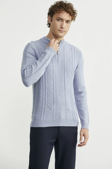 Yarım Fermuarlı Dik Yaka Triko Kazak - Mavi - Resim 3