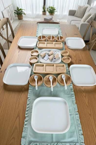 Atbyhome Aven 6 Kişilik 29 Parça Doğal Bambu - Seramik Kahvaltı Takımı – Kahvaltı Seti Sunum Seti - Resim 4