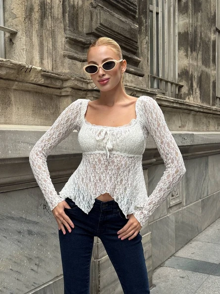 Kare yakalı Büzgülü Dantel Asimetrik Kloş Etek Ucuyla. Bluz, - Resim 8