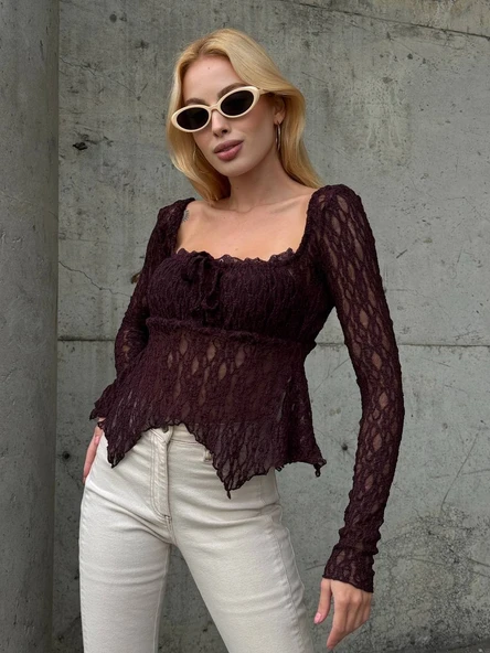 Kare yakalı Büzgülü Dantel Asimetrik Kloş Etek Ucuyla. Bluz, - Resim 10