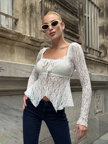 Kare yakalı Büzgülü Dantel Asimetrik Kloş Etek Ucuyla. Bluz, - Resim 5