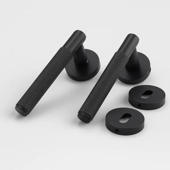 Mat Siyah Oda Tipi Kapı Kolu Rozetli Sağ Sol Uygun Modern İç Kapı Kilitli 1 Takım - Resim 4