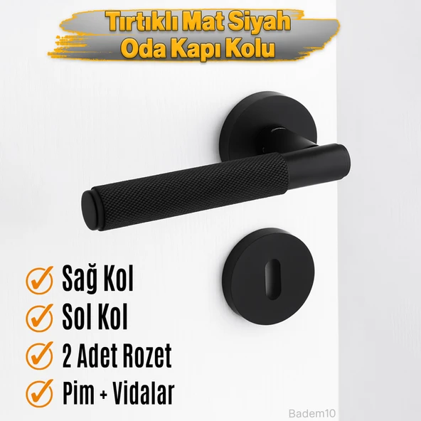 Mat Siyah Oda Tipi Kapı Kolu Rozetli Sağ Sol Uygun Modern İç Kapı Kilitli 1 Takım - Resim 3