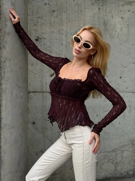 Kare yakalı Büzgülü Dantel Asimetrik Kloş Etek Ucuyla. Bluz, - Resim 11