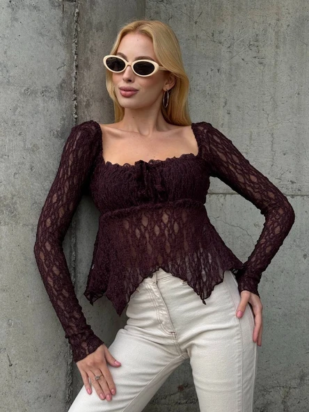 Kare yakalı Büzgülü Dantel Asimetrik Kloş Etek Ucuyla. Bluz, - Resim 12