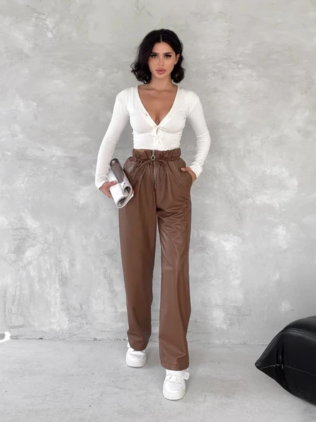 Kendinden ince kemerli deri pantolon kahve ürün görseli 1