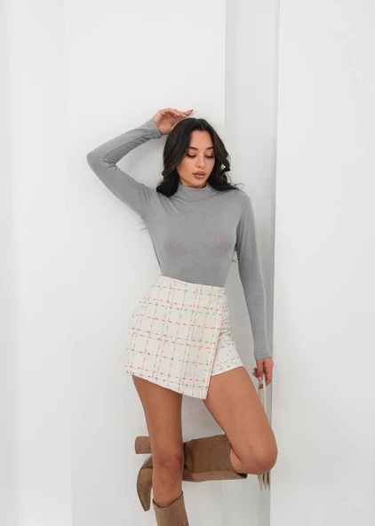 İki düğmeli kaz ayağı desen ch kumaş şort etek beyaztcu h26414 - Resim 13