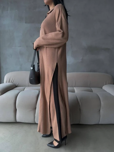 Pantolon yırtmaçlı elbise ikili triko takım vizon elf - Resim 4