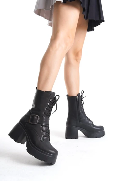 Linma Siyah Cilt Bağcıklı Topuklu Bot - Resim 3