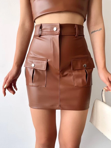Önden iki cepli deri etek kahve h240040 - Resim 9
