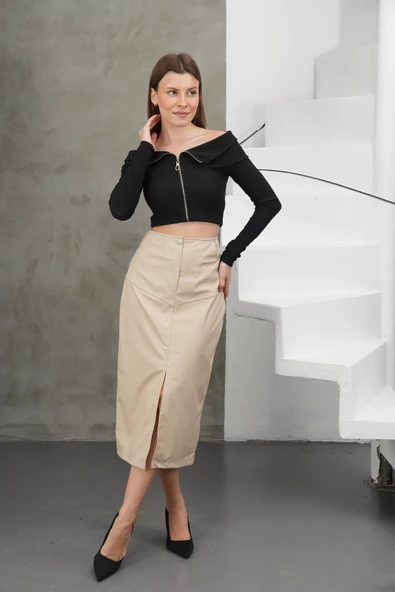 Yırtmaçlı uzun deri etek bej - Resim 3