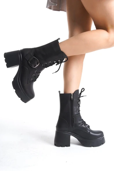 Linma Siyah Cilt Bağcıklı Topuklu Bot - Resim 2