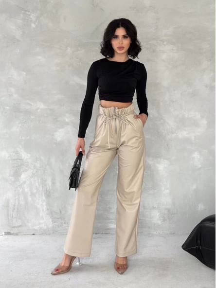 Kendinden ince kemerli deri pantolon bej - Resim 2