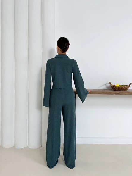 Gömlek yaka kaplama düğmeli takım petrol yeşili - Resim 24