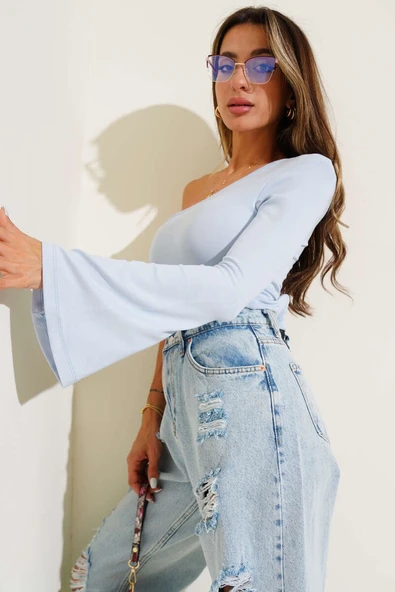 Tek Omuzlu Basic Bluz Mavi - Resim 2