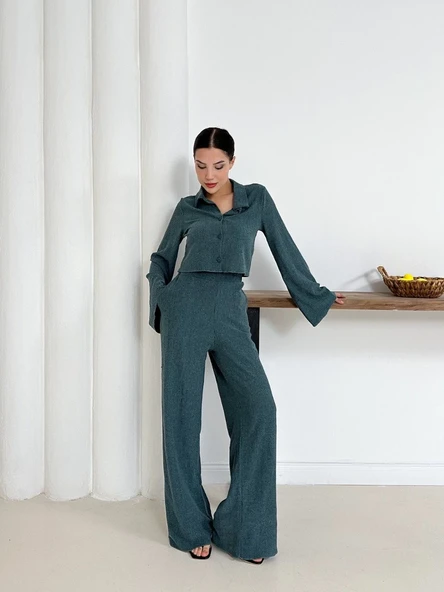 Gömlek yaka kaplama düğmeli takım petrol yeşili - Resim 19