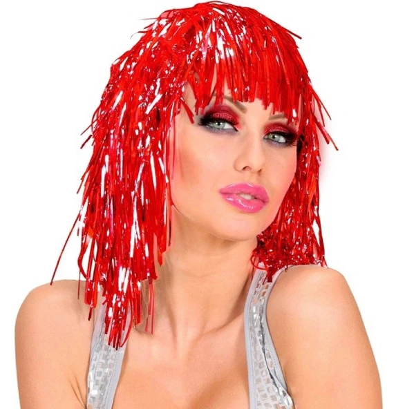 Kırmızı Işıltılı Metalize Parti Peruğu - Resim 2