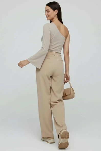 Tek Omuzlu Basic Bluz Vizon - Resim 2