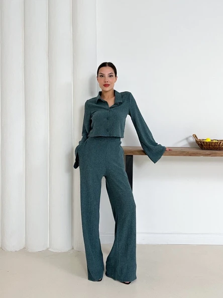 Gömlek yaka kaplama düğmeli takım petrol yeşili - Resim 17