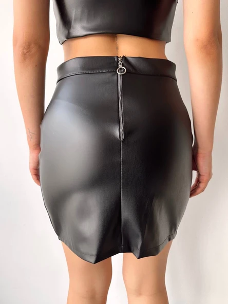 Cep detaylı oval kapaklı deri etek siyah h240048 - Resim 12