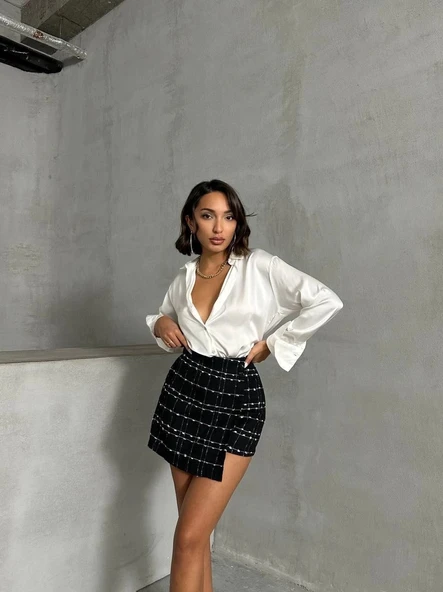 İki düğmeli ch kumaş şort etek siyah h26414 - Resim 2