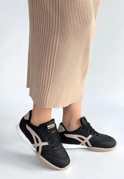 Zlay Siyah Cilt Bej Detaylı Bağcıklı Spor Ayakkabı - Resim 2